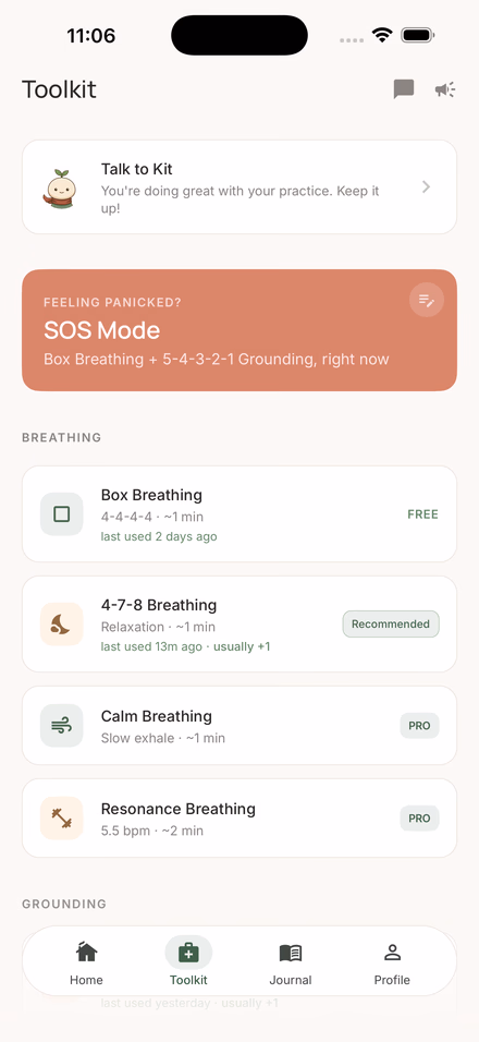 Toolkit screen with a clay-coloured SOS Mode card reading 'Box Breathing + 5-4-3-2-1 Grounding, right now'.