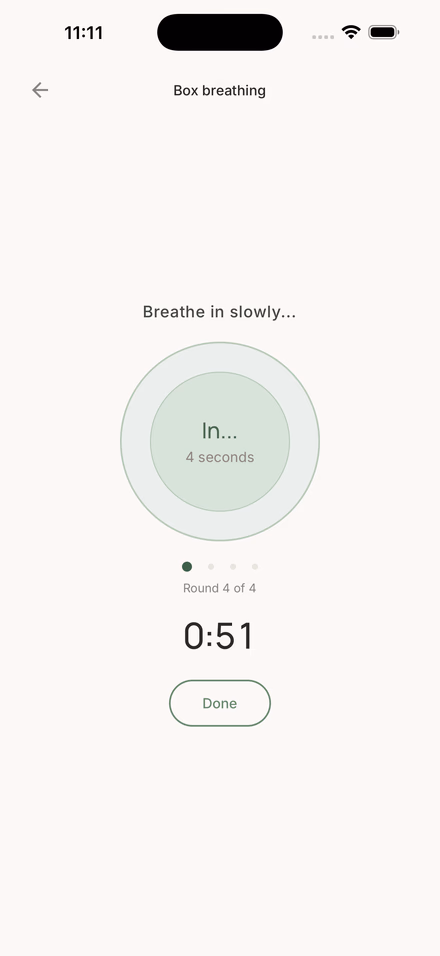 Box Breathing exercise with a soft sage circle pacing the user through 'Breathe in slowly… 4 seconds', round 4 of 4.