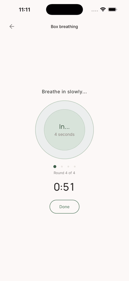 Box Breathing exercise with a soft sage circle pacing the user through 'Breathe in slowly… 4 seconds', round 4 of 4.
