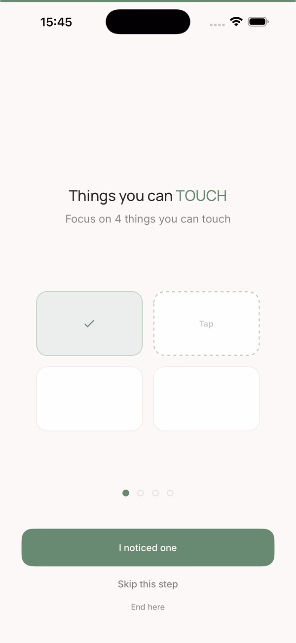 5-4-3-2-1 grounding screen showing a 2×2 grid of soft cards labelled "Things you can TOUCH" — first card is checked, second is dashed and prompts "Tap".