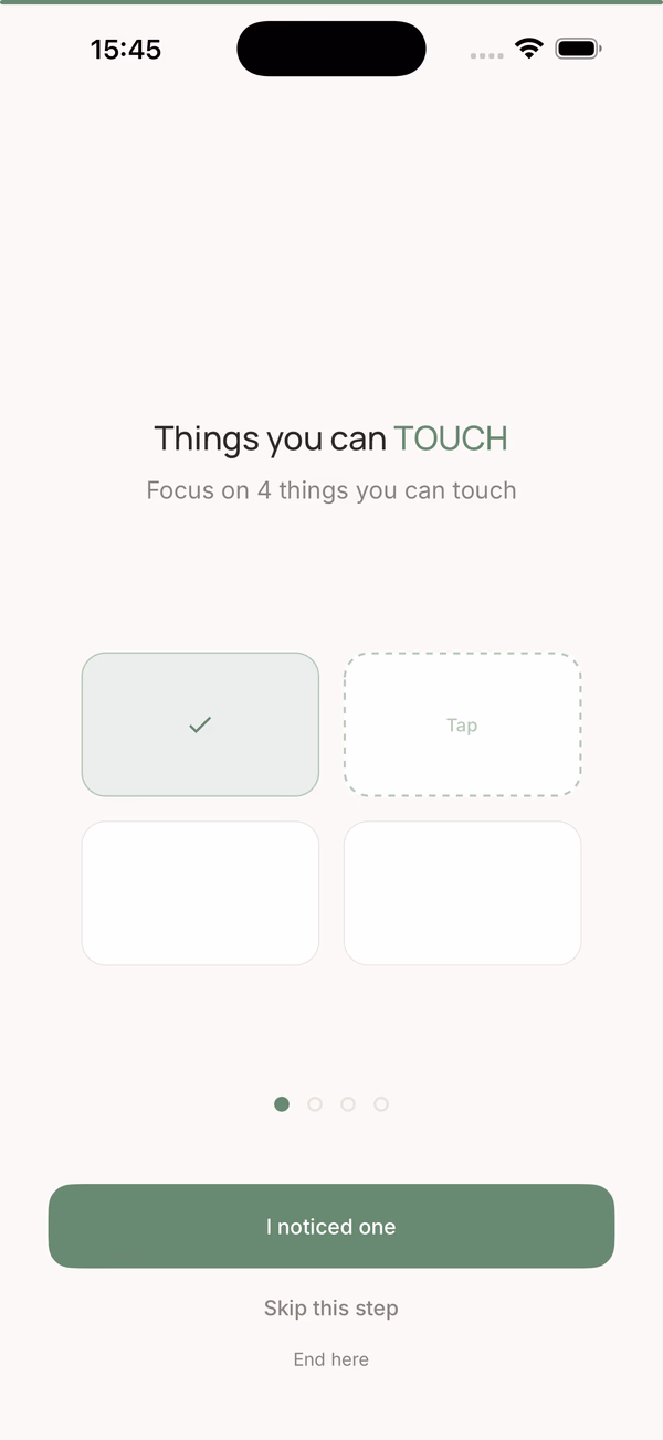 5-4-3-2-1 grounding screen showing a 2×2 grid of soft cards labelled "Things you can TOUCH" — first card is checked, second is dashed and prompts "Tap".