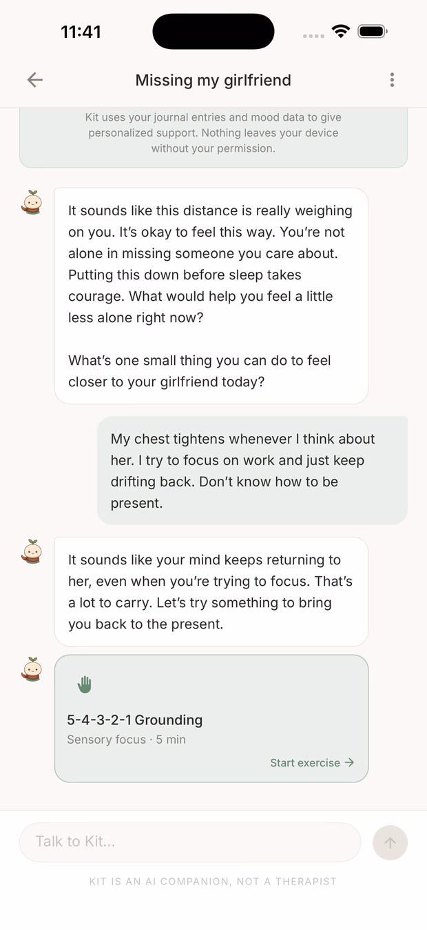 Conversation with Kit titled 'Missing my girlfriend' — Kit responds with empathy and embeds a 5-4-3-2-1 grounding exercise card.