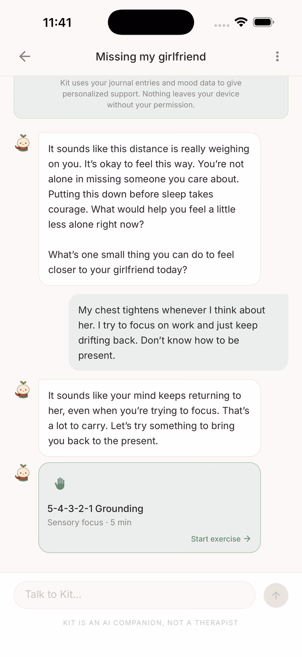 Conversation with Kit titled 'Missing my girlfriend' — Kit responds with empathy and embeds a 5-4-3-2-1 grounding exercise card.