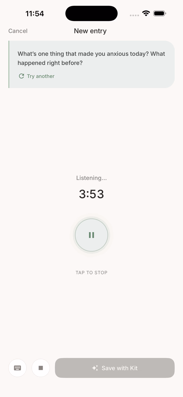 Journal voice recording screen showing "Listening… 3:53" with a sage circular pause button and "Tap to stop" hint.