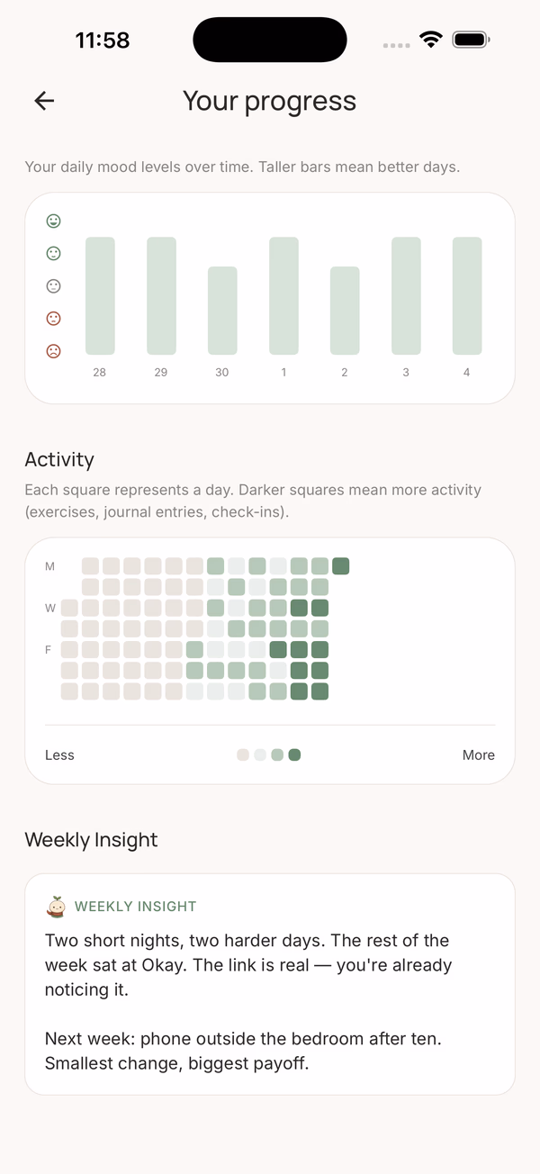 Your progress dashboard showing a 7-day mood trend bar chart, an activity heatmap, and a Weekly Insight card written by Kit reflecting on sleep and harder days.