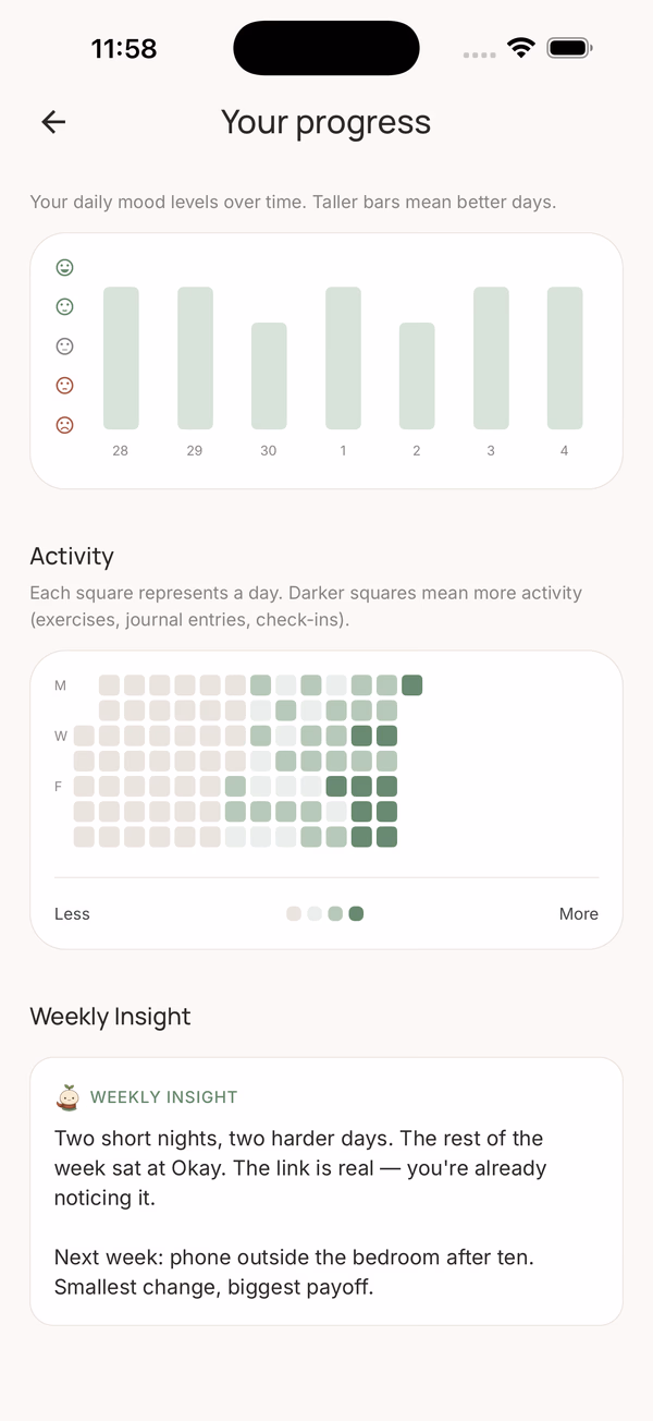 Your progress dashboard showing a 7-day mood trend bar chart, an activity heatmap, and a Weekly Insight card written by Kit reflecting on sleep and harder days.