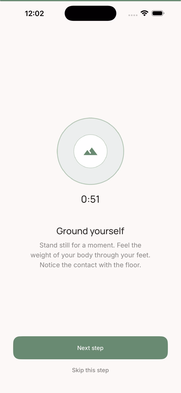 Mindful Walking step "Ground yourself" with a soft sage circle around a mountain icon, a 0:51 countdown, and the prompt "Stand still for a moment. Feel the weight of your body through your feet."