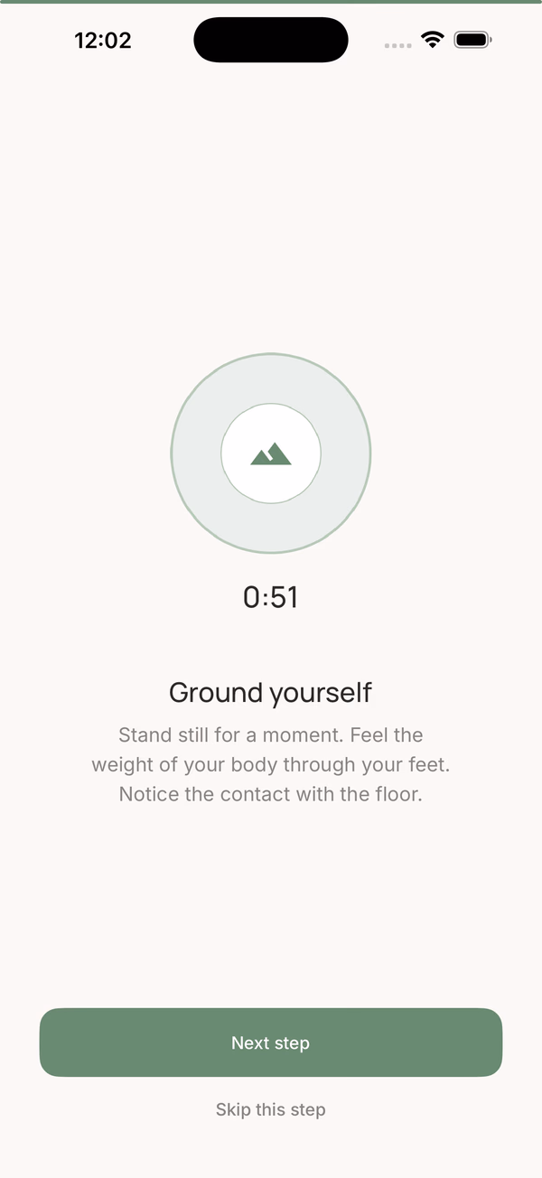 Mindful Walking step "Ground yourself" with a soft sage circle around a mountain icon, a 0:51 countdown, and the prompt "Stand still for a moment. Feel the weight of your body through your feet."