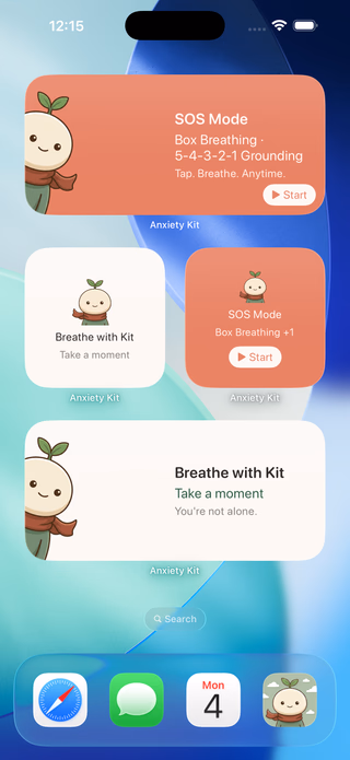 iPhone home screen with three Anxiety Kit widgets stacked: a large SOS Mode card, a small Breathe with Kit reminder, a medium SOS Mode shortcut, and a wide Breathe with Kit card featuring the Kit mascot.